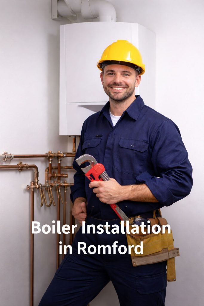 Worker with tools near boiler installation
