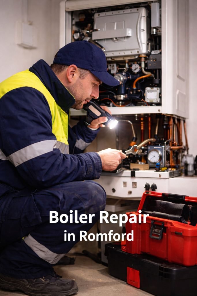 Technician repairing boiler with tools.